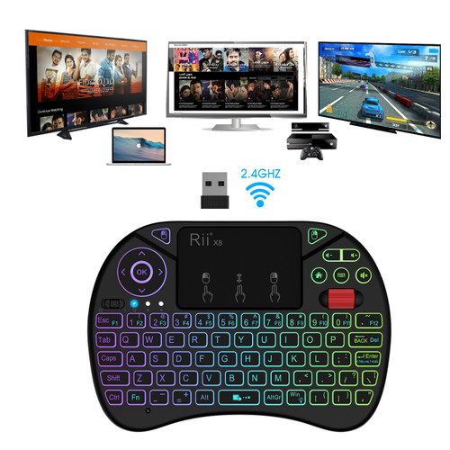 Rii X8 Portable 2.4GHz Mini Wireless Keyboard Controller with Touchpad Mouse Combo,8 Colors RGB Backlit,Rechargeable Li-ion Battery for Google Android TV Box, PS3, PC, Pad,Nvidia Shield