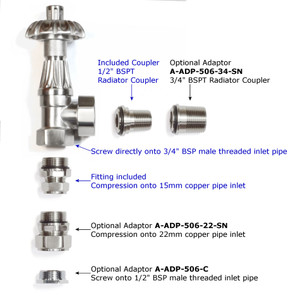 T-TRV-029-AG-SN-ADAPTORS - Arlington Traditional TRV Angled Brushed Satin Nickel Thermostatic Radiator Valves