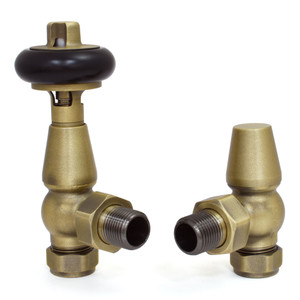 T-TRV-019-AG-OEB - Flatford Traditional TRV Angled Old English Brass Thermostatic Radiator Valves with Sleeves