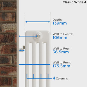 CT4-W-DEPTH - Classic White 4 Column Radiator H300 x W1194