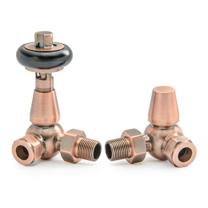 T-TRV-020-CR-AC - Flatford Traditional TRV Corner Antique Copper Thermostatic Radiator Valves With Sleeves