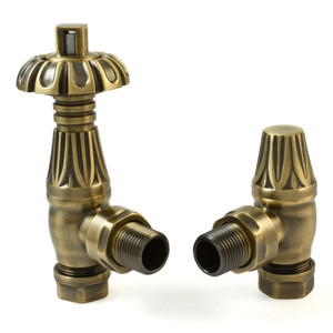 T-TRV-058-AG-AB - Petworth Traditional TRV Angled Antique Brass Thermostatic Radiator Valves With Sleeves