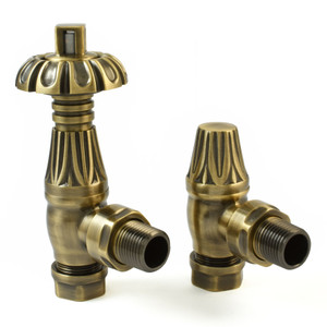 T-TRV-058-AG-AB-ALT00 - Petworth Traditional TRV Angled Antique Brass Thermostatic Radiator Valves With Sleeves