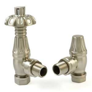 T-TRV-058-AG-SN - Petworth Traditional TRV Angled Brushed Satin Nickel Thermostatic Radiator Valves With Sleeves