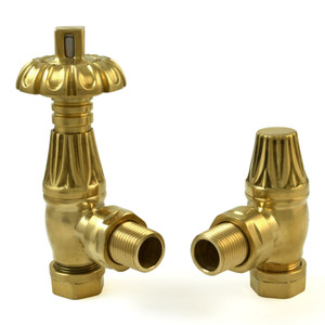T-TRV-058-AG-UB - Petworth Traditional TRV Angled Unlacquered Brass Thermostatic Radiator Valves With Sleeves