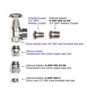 T-MAN-028-AG-SN-ADAPTORS - Arlington Traditional Manual Angled Brushed Satin Nickel Radiator Valves