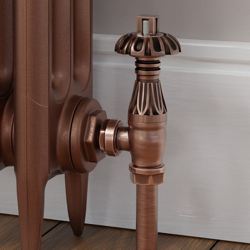 T-TRV-058-AG-AC-CU00 - Petworth Traditional TRV Angled Antique Copper Thermostatic Radiator Valves with Sleeves