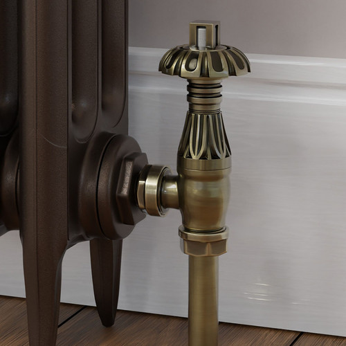 T-TRV-058-AG-AB-CU00 - Petworth Traditional TRV Angled Antique Brass Thermostatic Radiator Valves With Sleeves