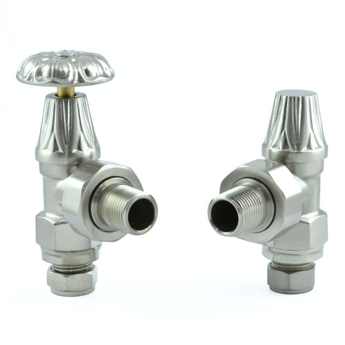 T-MAN-028-AG-SN - Arlington Traditional Manual Angled Brushed Satin Nickel Radiator Valves With Sleeves