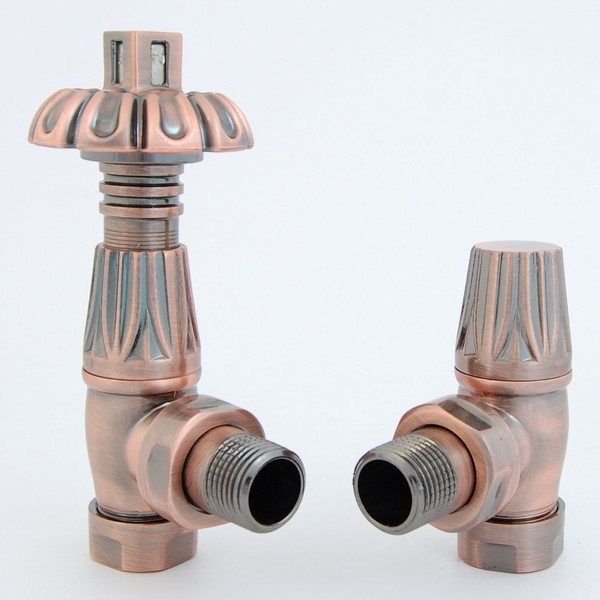 EV-BG15AC - BiWorld Bentley Gothic Traditional Thermostatic Angled Radiator Valve - Antique Copper (TRV)