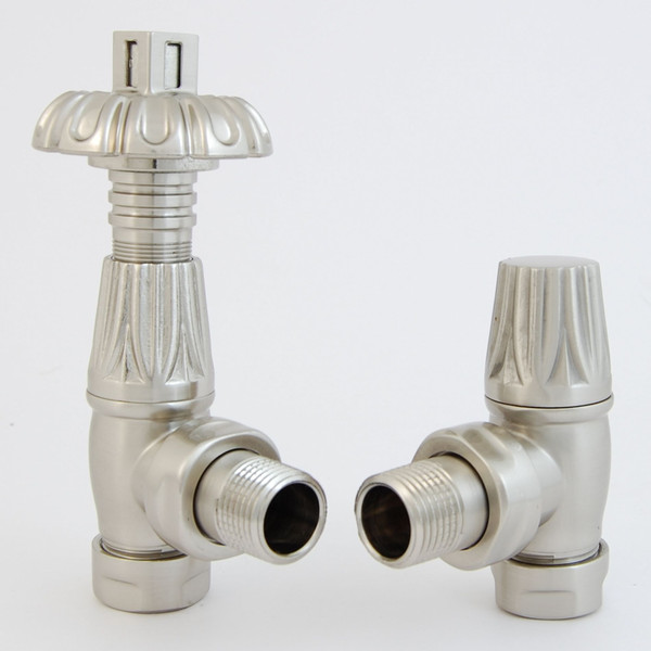 EV-BG15SN - BiWorld Bentley Gothic Traditional Thermostatic Angled Radiator Valve - Silver Nickel (TRV)