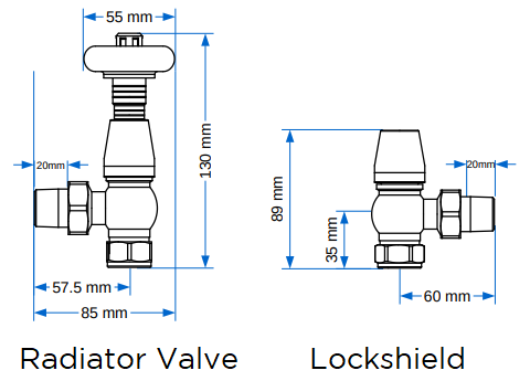 Line drawing of radiator valve and lockshield