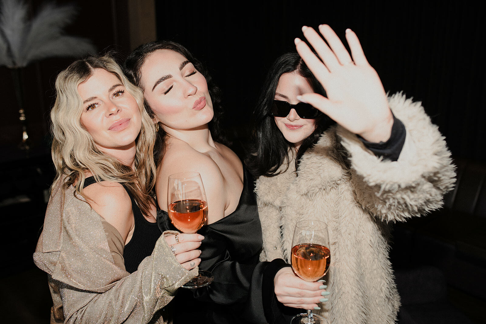 three girls holding wine glasses  posing for the camera