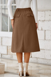Solid High Waist Front-Slit Midi Skirt