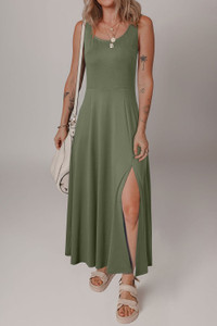 Solid Sleeveless Flared Side Slit Midi Dress