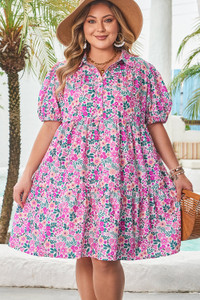Plus Size Floral Half-Button Puff Sleeve Dress