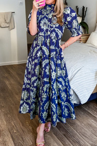 Floral Frilled Collar Puff Sleeve Maxi Dress