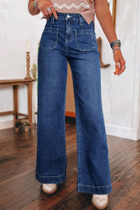 Women’s high waisted wide leg denim jeans with patch pockets, trendy casual blue jeans