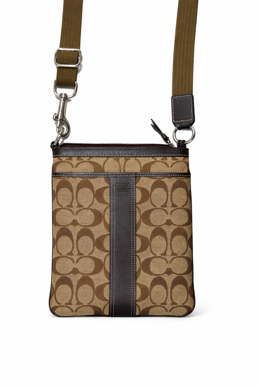 Brown Coach signature canvas crossbody bag with adjustable strap, featuring classic C logo pattern and leather trim