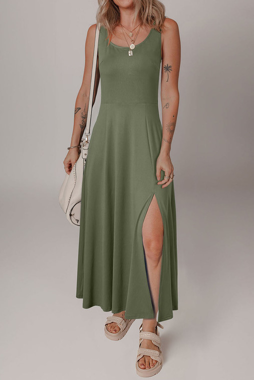 Solid Sleeveless Flared Side Slit Midi Dress