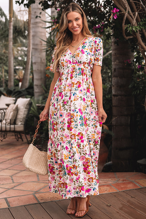 Floral V-Neck Short Sleeve Maxi Dress