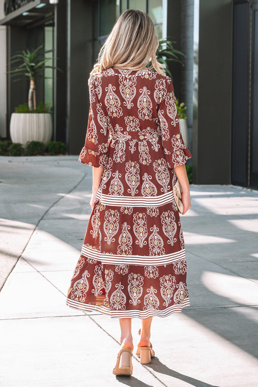 Floral Boho Belted Stripe Trim Tiered Maxi Dress