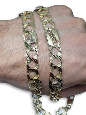 12MM 10k Yellow Diamond Cut Gourmette Gold Chain GC-MAB-008 12MM 10k Yellow Diamond Cut Gourmette Gold Chain GC-MAB-008