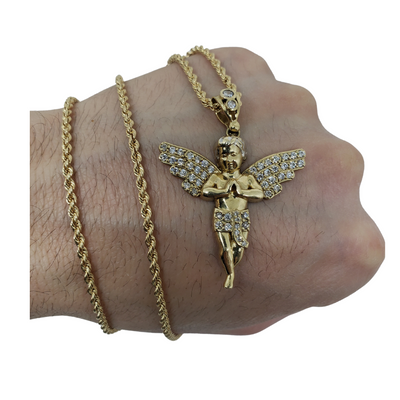 10k Rope Chain + Angel Pendant 10k Gold - alesee-002 10k Rope Chain + Angel Pendant 10k Gold - alesee-002