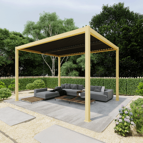 Louvre Roof Pergola 3m x 4m Aluminium Freestanding - Timber Grain & Dark Grey