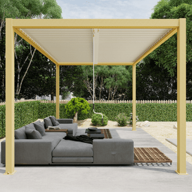 Louvre Roof Pergola 3m x 4m Aluminium Freestanding - Timber Grain & White Louvre Roof Pergola 3m x 4m Aluminium Freestanding - Timber Grain & White