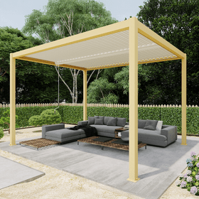 Louvre Roof Pergola 3m x 4m Aluminium Freestanding - Timber Grain & White Louvre Roof Pergola 3m x 4m Aluminium Freestanding - Timber Grain & White