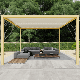 Louvre Roof Pergola 3m x 4m Aluminium Freestanding - Timber Grain & White Louvre Roof Pergola 3m x 4m Aluminium Freestanding - Timber Grain & White