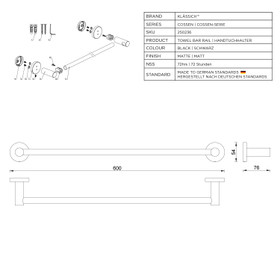 Klässich Cossen Towel Bar Rail Matte Black Klässich Cossen Towel Bar Rail Matte Black