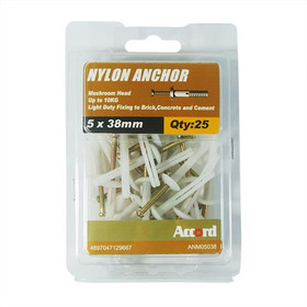 Akord Anchor Nylon Mushroom Head 38mm x 5mm - Pack of 25