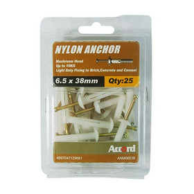 Akord Anchor Nylon Mushroom Head 38mm x 6.5mm - Pack of 25