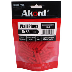 Akord Wall Plugs Anchors Plastic Red 6x35mm - Pack of 100 