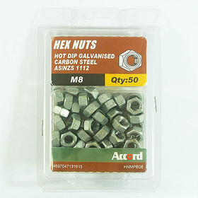 Akord Nuts Hex Hot Dip Galvanised 8mm M8 - Pack of 50
