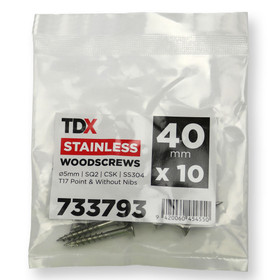 Wood Screws 40mm SQ2 CSK SS304  - Pack of 10
