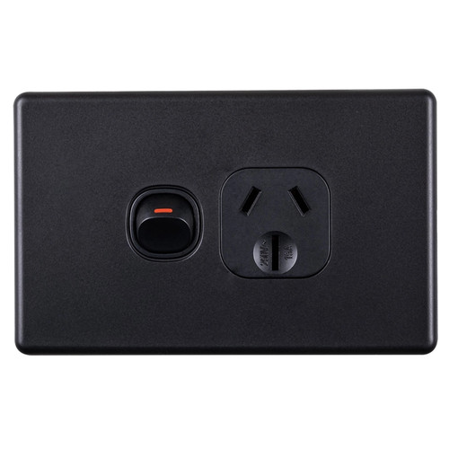 Slimline Single Power Point Black 15A - Horizontal