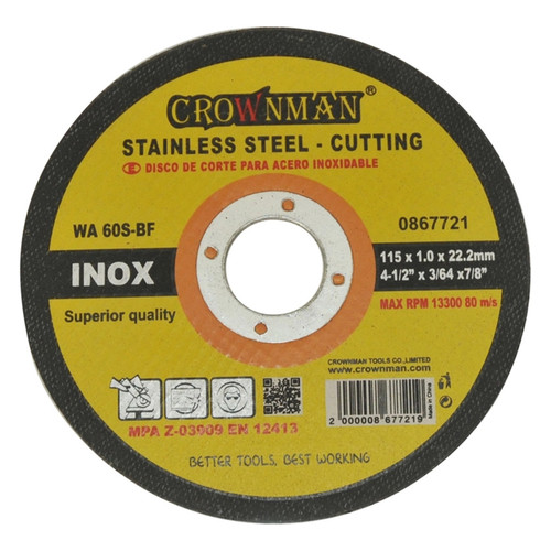 Crownman Flat Cut-Off Disc For Stainless Steel Cutting - 115x1.0x22.2mm