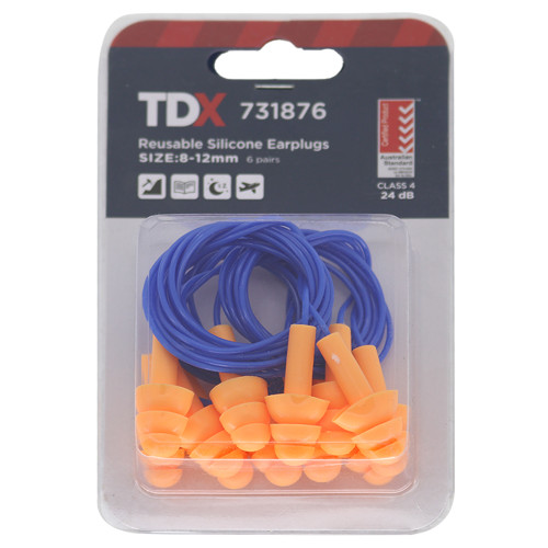 TDX Reusable Silicone Earplugs with Cord - 6 Pairs