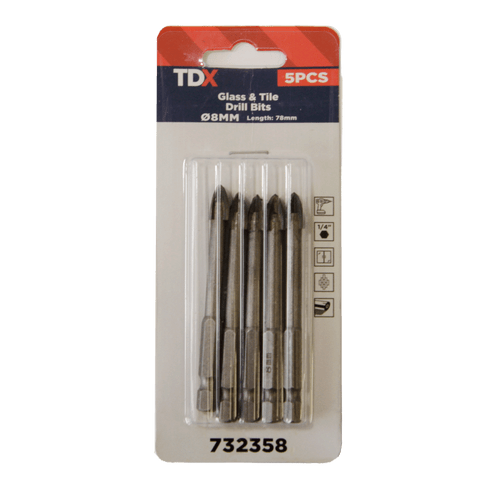 TDX Glass & Tile Drill Bits Hex Shank Cross Tip - 8mm