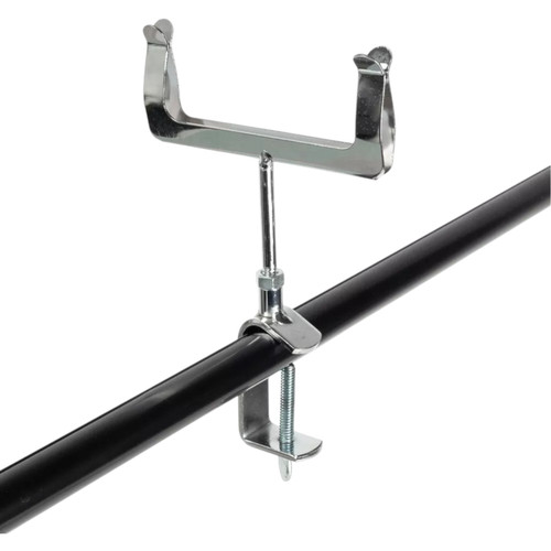 Chrome Clamp-On Card Holder for Clothes Rails, product shown against a coloured background, balanced, centred square layout
