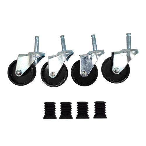 Set of four black and silver clothes-rail castors with four ribbed tube inserts