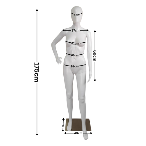 White Matt Female Faceless Display Egg Head Mannequin, dimension guide on a white background