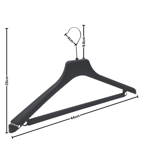 Large Plastic Suit Hanger 44cm Black, close product view against a coloured background