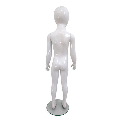 Child’s Fiberglass Egg Head Display Mannequin 116cm Gloss White with Glass Stand, full-height product view on a white background, gallery image 13 of 17