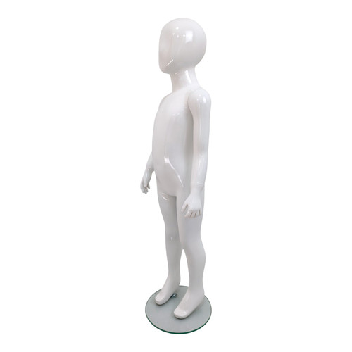 Child’s Fiberglass Egg Head Display Mannequin 116cm Gloss White with Glass Stand, full-height product view on a white background, gallery image 12 of 17