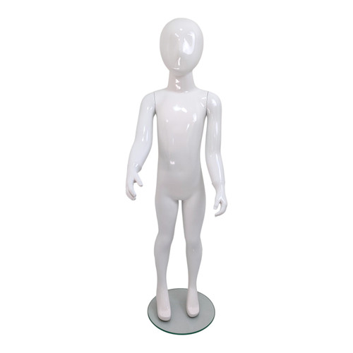 Child’s Fiberglass Egg Head Display Mannequin 116cm Gloss White with Glass Stand, full-height product view on a white background, gallery image 14 of 17