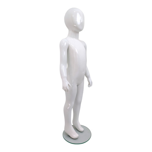 Child’s Fiberglass Egg Head Display Mannequin 116cm Gloss White with Glass Stand, full-height product view on a white background, gallery image 10 of 17